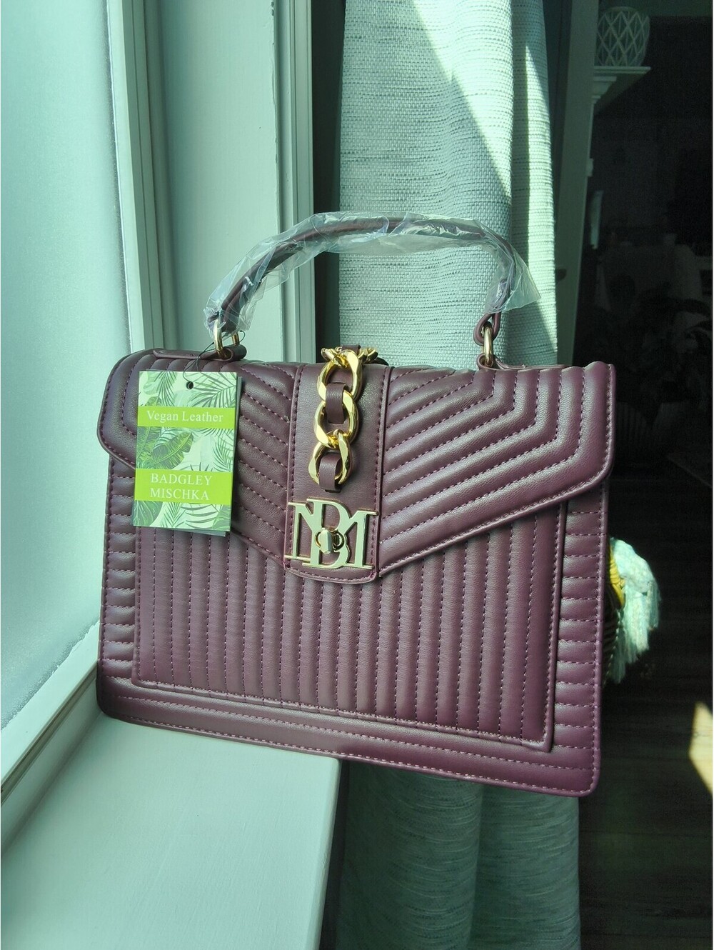 Badgley Mischka Plum Wine Quilting Crossbody Gold Chain Letter Lock NWT